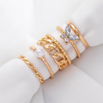 5 Pcs Pearl Butterfly Fashion Ring Set 